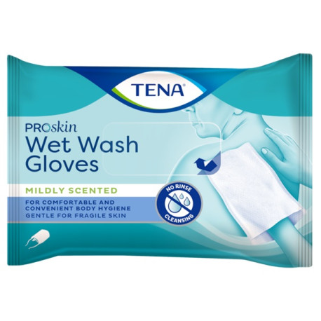 TENA Wet Wash Glove ProSkin - Gants de toilette imprégnés 3 en 1 - Sachet de 8 - TENA