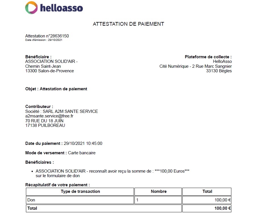 Attestation de don SOLID'AIR